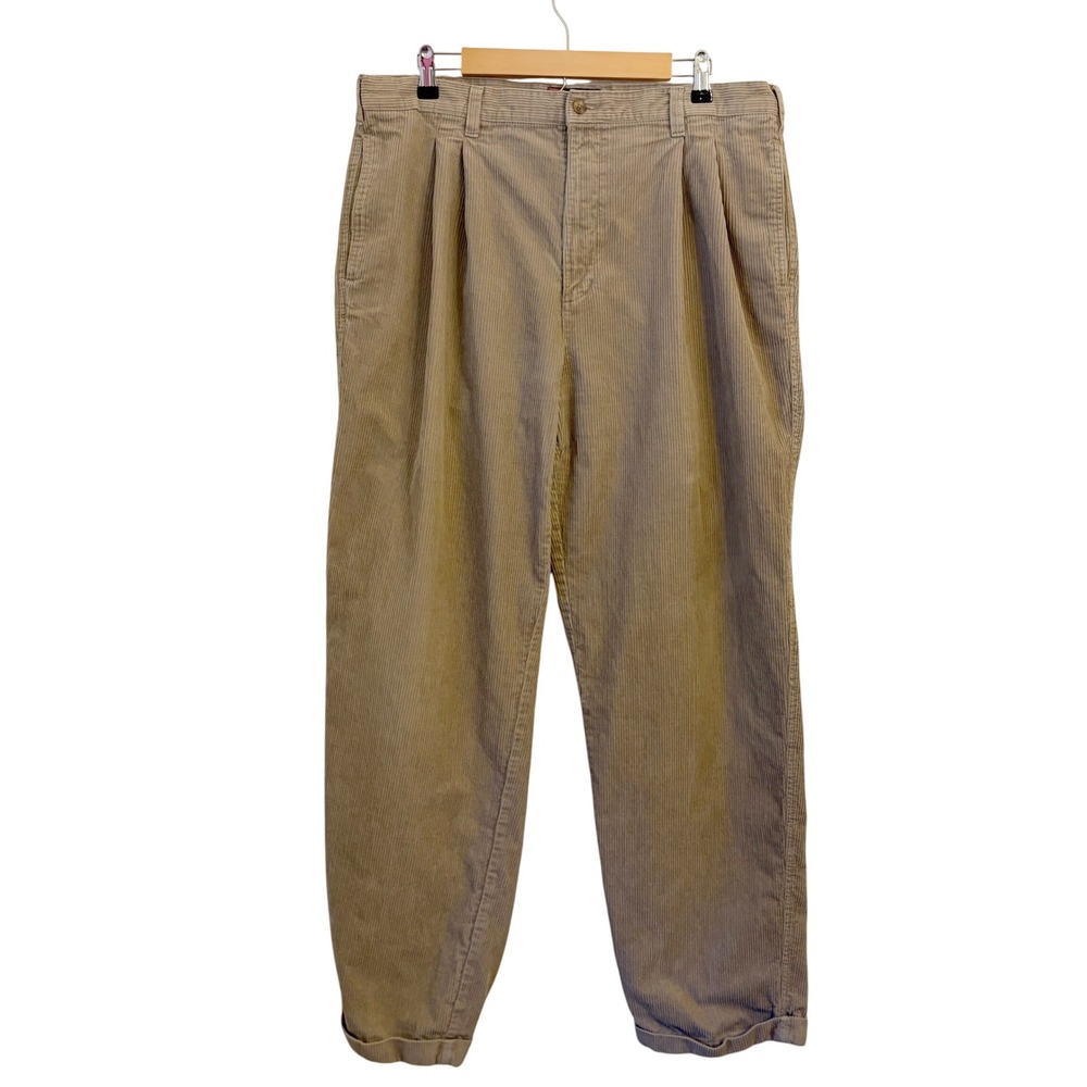 Vintage Chaps Ralph Lauren Corduroy Pleated Pants 38x34 Cuffed Baggy Tan 90s
